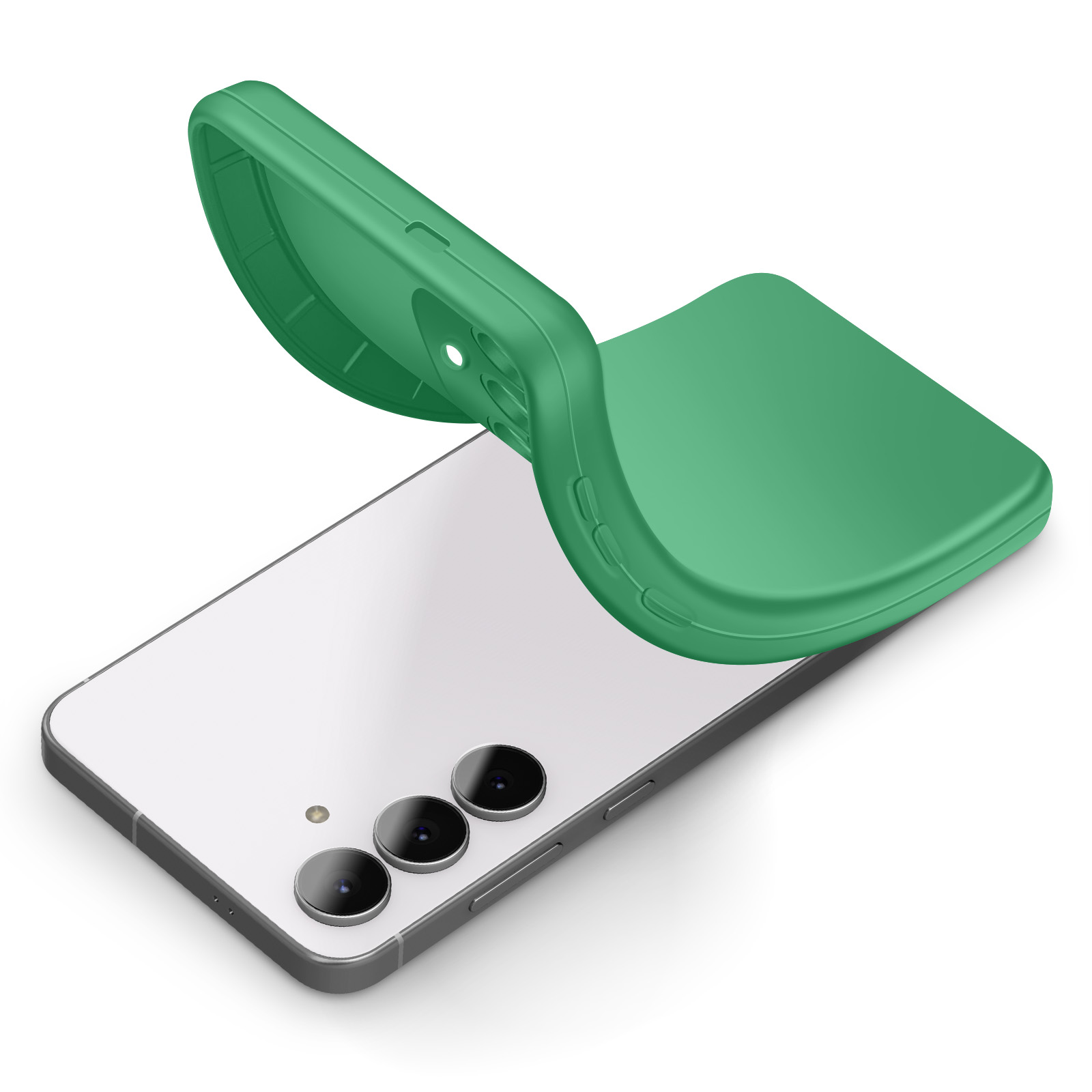 Une coque de téléphone verte est posée sur un smartphone blanc.