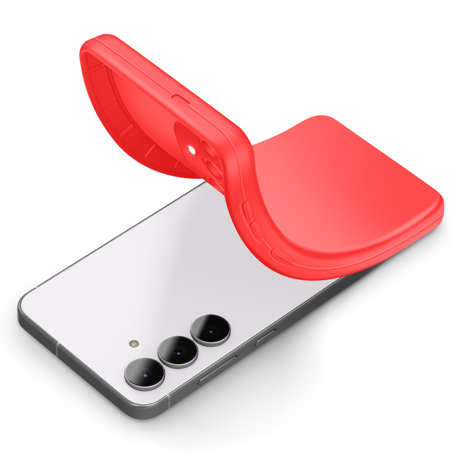 Rode telefoonhoes wordt over een witte smartphone gelegd.