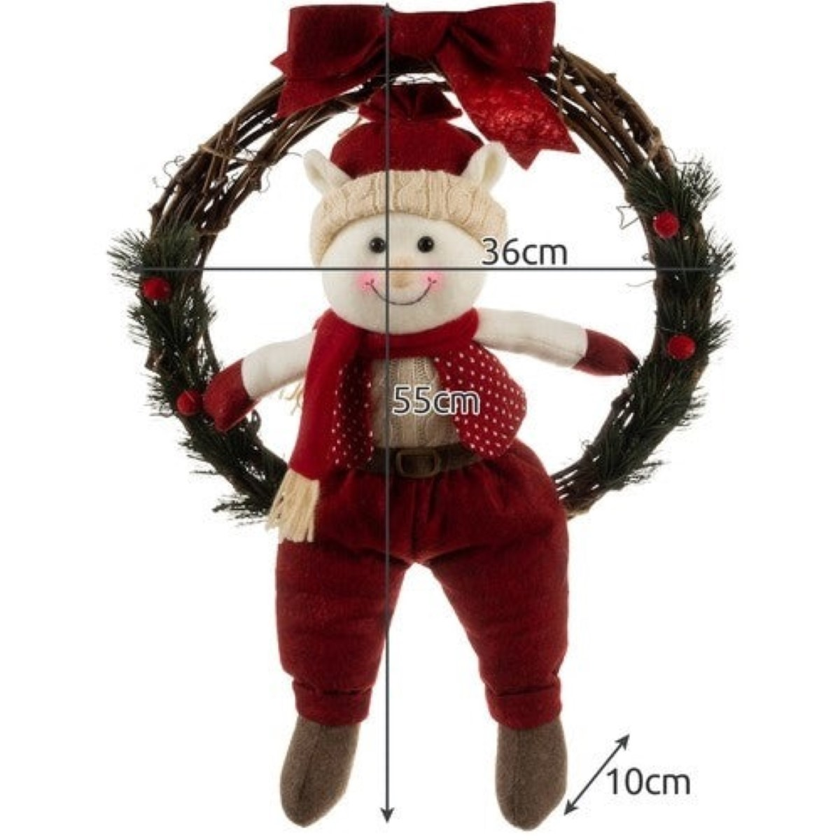 Corona de Navidad con muñeco de nieve de tela, pantalones rojos.