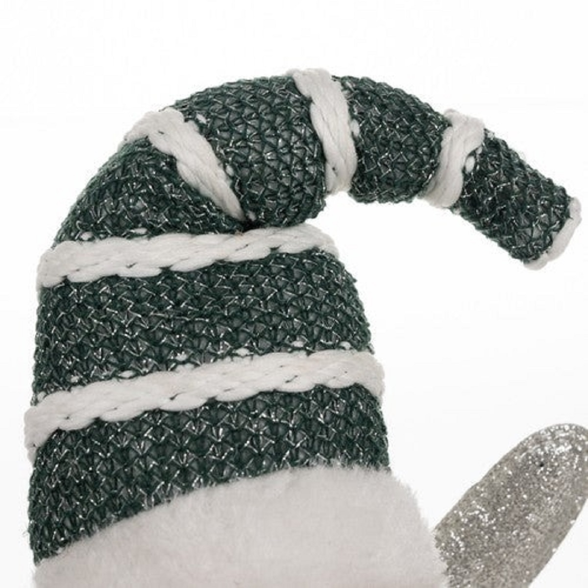 Gorro de Papá Noel verde con rayas blancas y ribete de pelo.