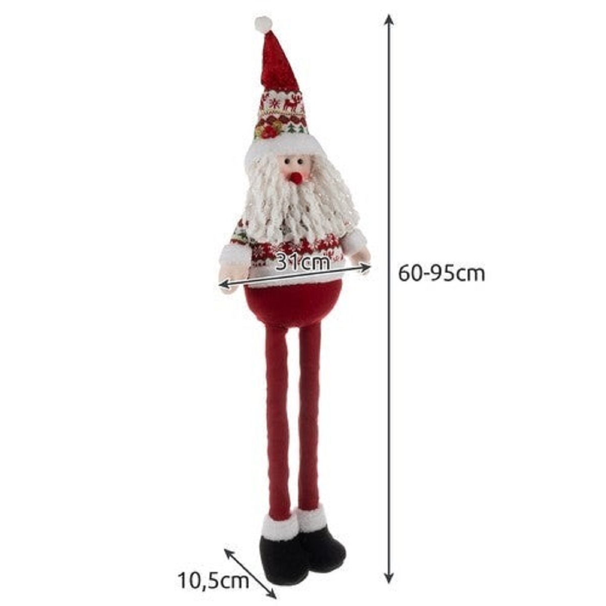 Stoff-Weihnachtsmann mit roter Mütze, weißem Bart und langen Beinen.