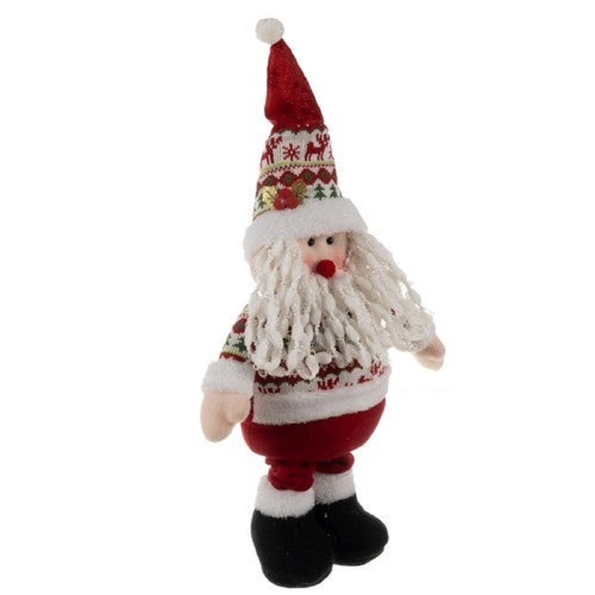 Ein Weihnachtsmann-Dekoration mit rotem Hut, weißem Bart und buntem Pullover.