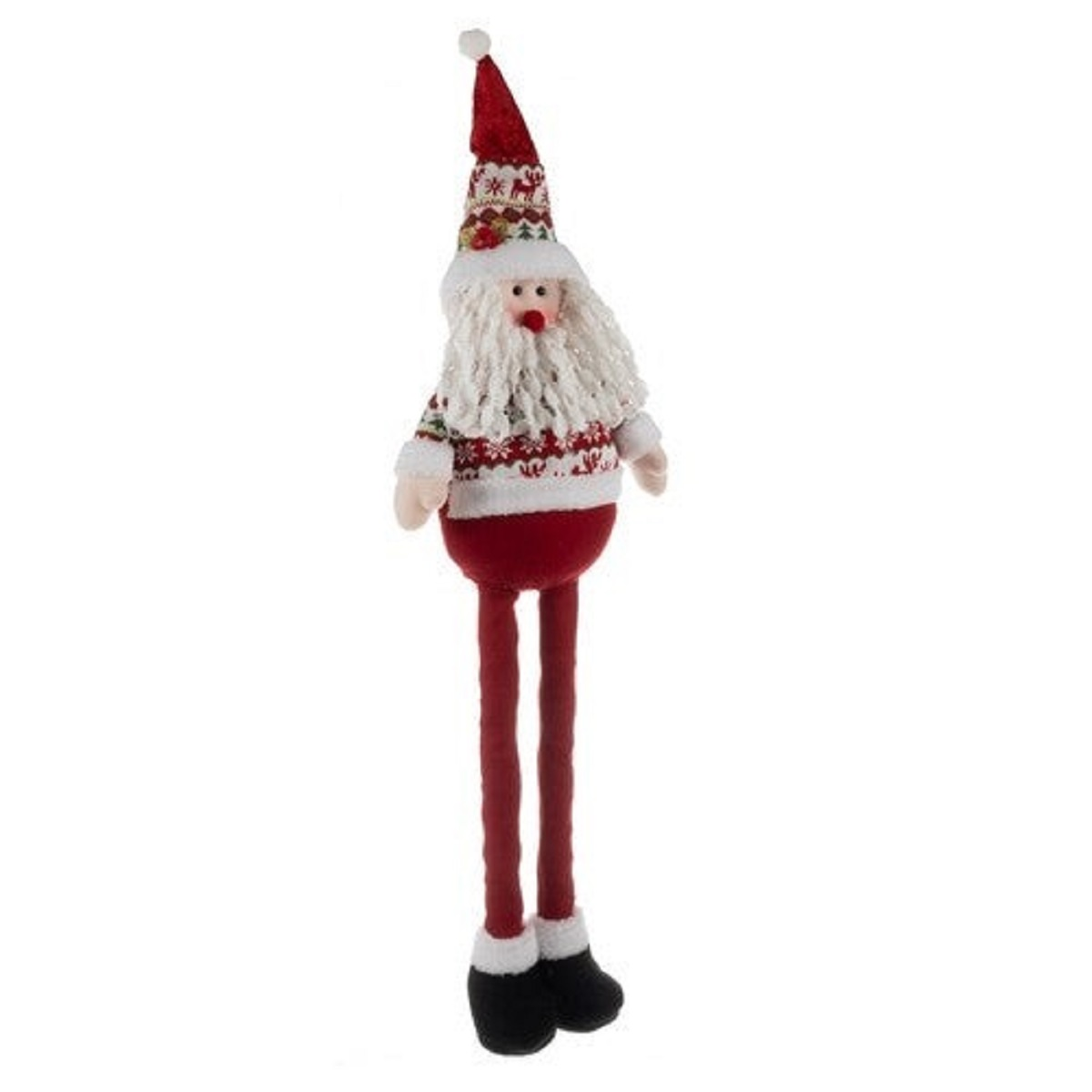 Ein Stoff-Weihnachtsmann mit langem roten Beinen und schwarzem Stiefeln.
