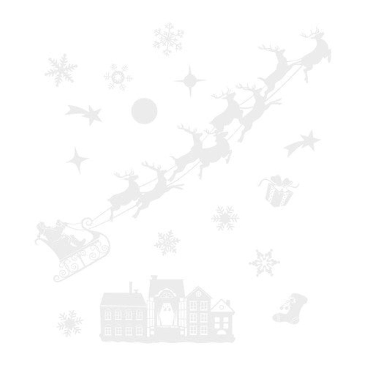 Schlitten mit Rentieren fliegt über Häuser, Schnee und Sterne.