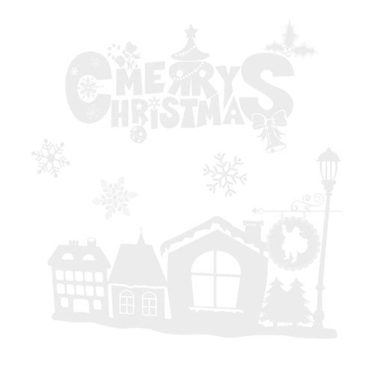 Silhouetten von Häusern und Schneeflocken mit der Aufschrift Merry Christmas.