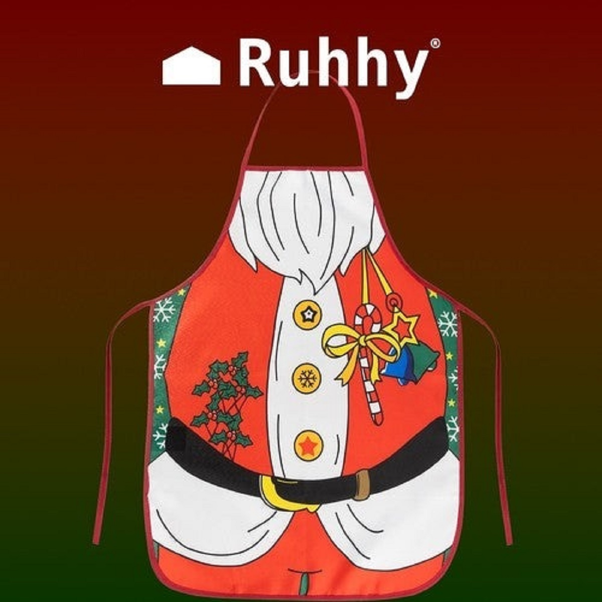 Ein Weihnachtsschürzen-Design mit Weihnachtsmann-Motiv und Anhängern.
