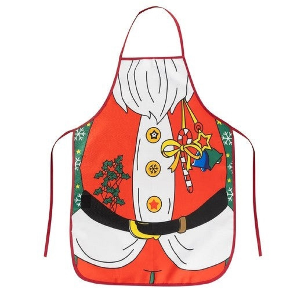 Eine Schürze mit Weihnachtsmann-Design, rotem Stoff, weißem Bart und Dekorationen.