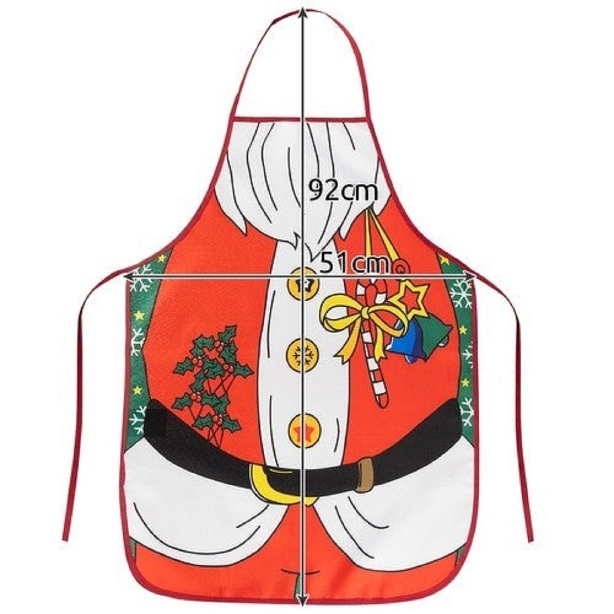 Ein Weihnachtsmann-Schürzenmuster mit Maßen. Rote Schürze mit Weihnachtsmann-Design.