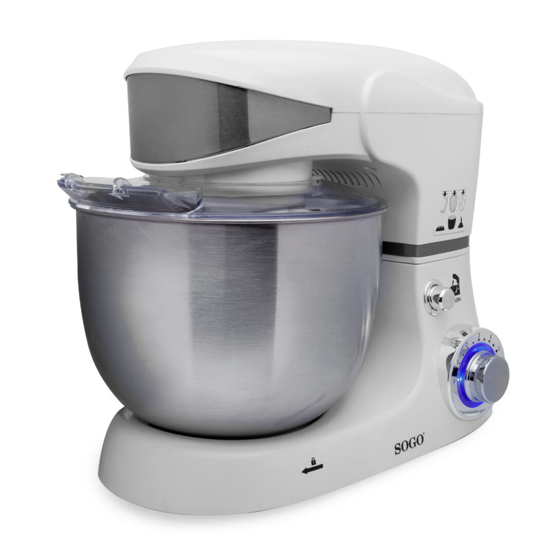 Un robot da cucina Sogo bianco con ciotola in acciaio inox e quadrante illuminato blu.