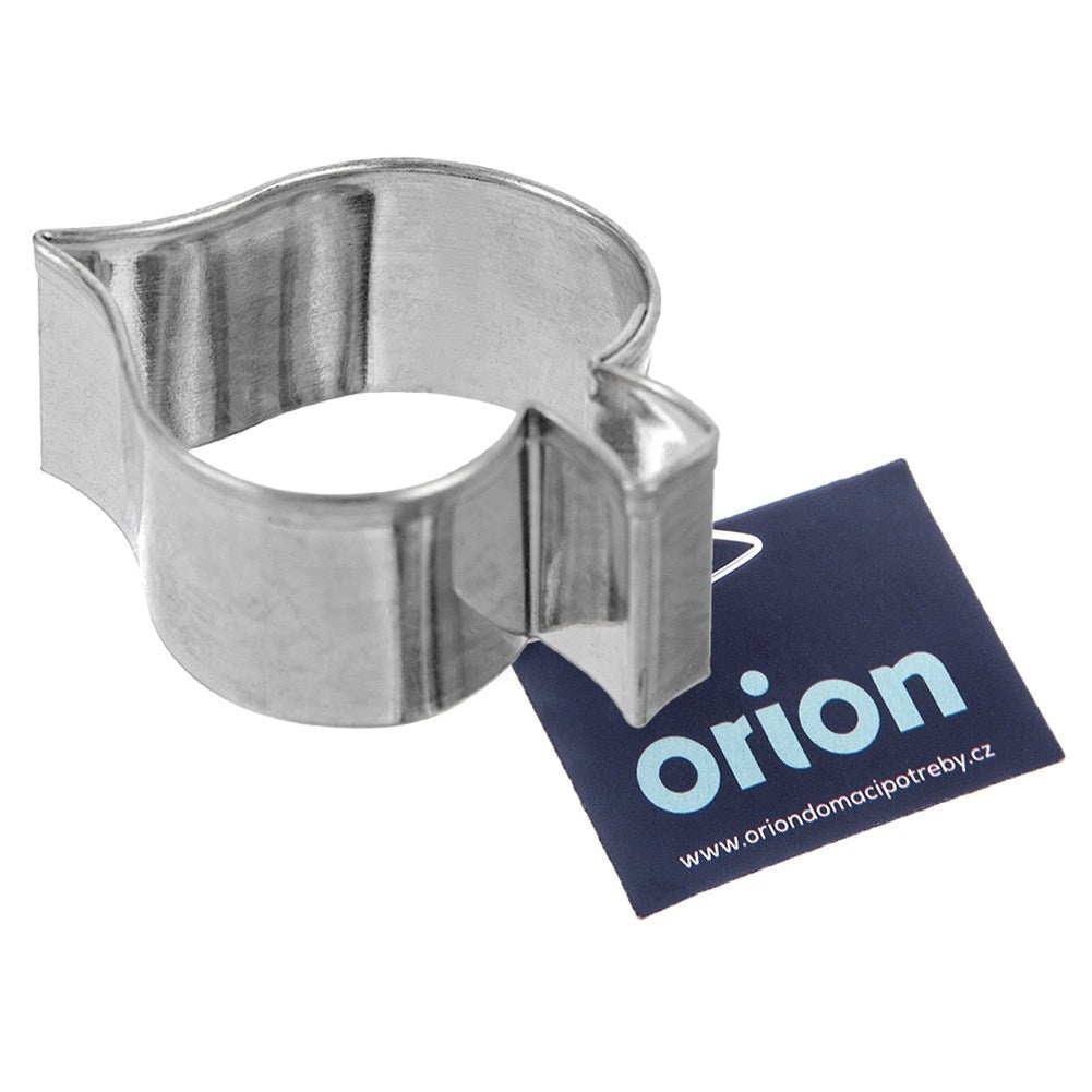 Un cortador de galletas metálico en forma de tulipán con etiqueta Orion.
