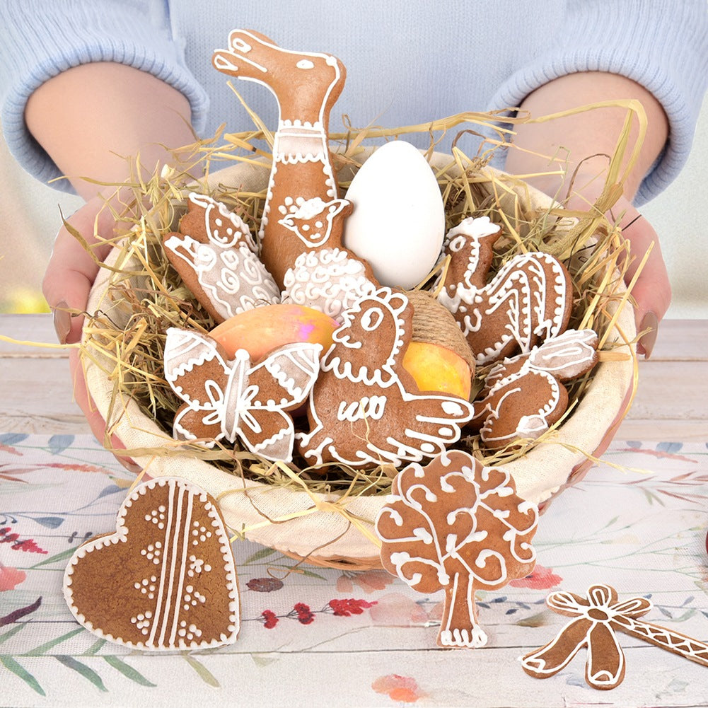 Cesta de galletas de jengibre de Pascua: pollo, gallo, conejito, oveja, mariposa, árbol, corazón, huevo.