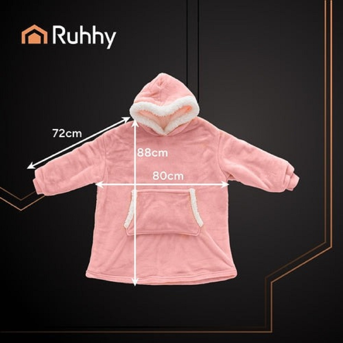 Un hoodie rosa con ribete sherpa y bolsillo canguro. Se muestran las medidas.