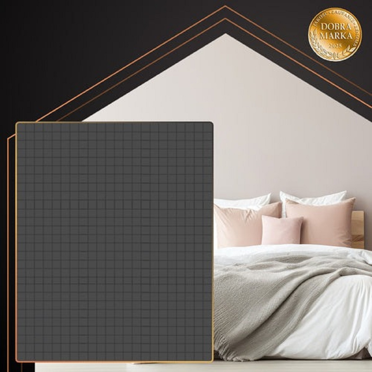 Un dormitorio elegante con panel de patrón de rejilla oscuro y una cama.