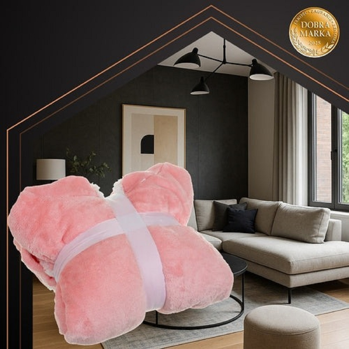 Una manta rosa de peluche está sobre una mesa de café en una sala de estar moderna.