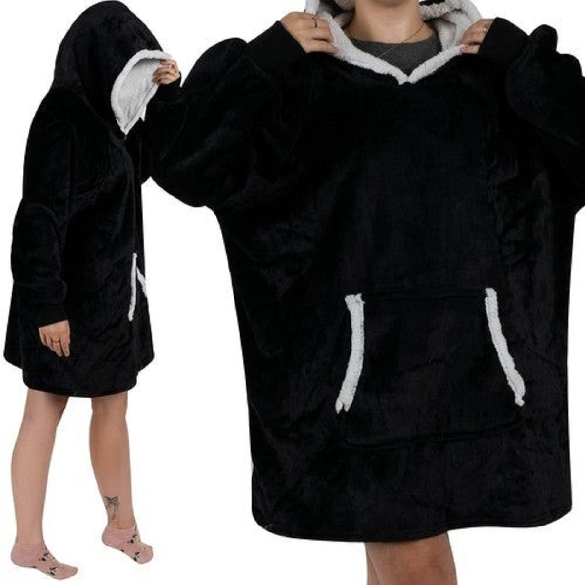 Sudadera negra con ribete blanco y bolsillo frontal, en dos modelos.