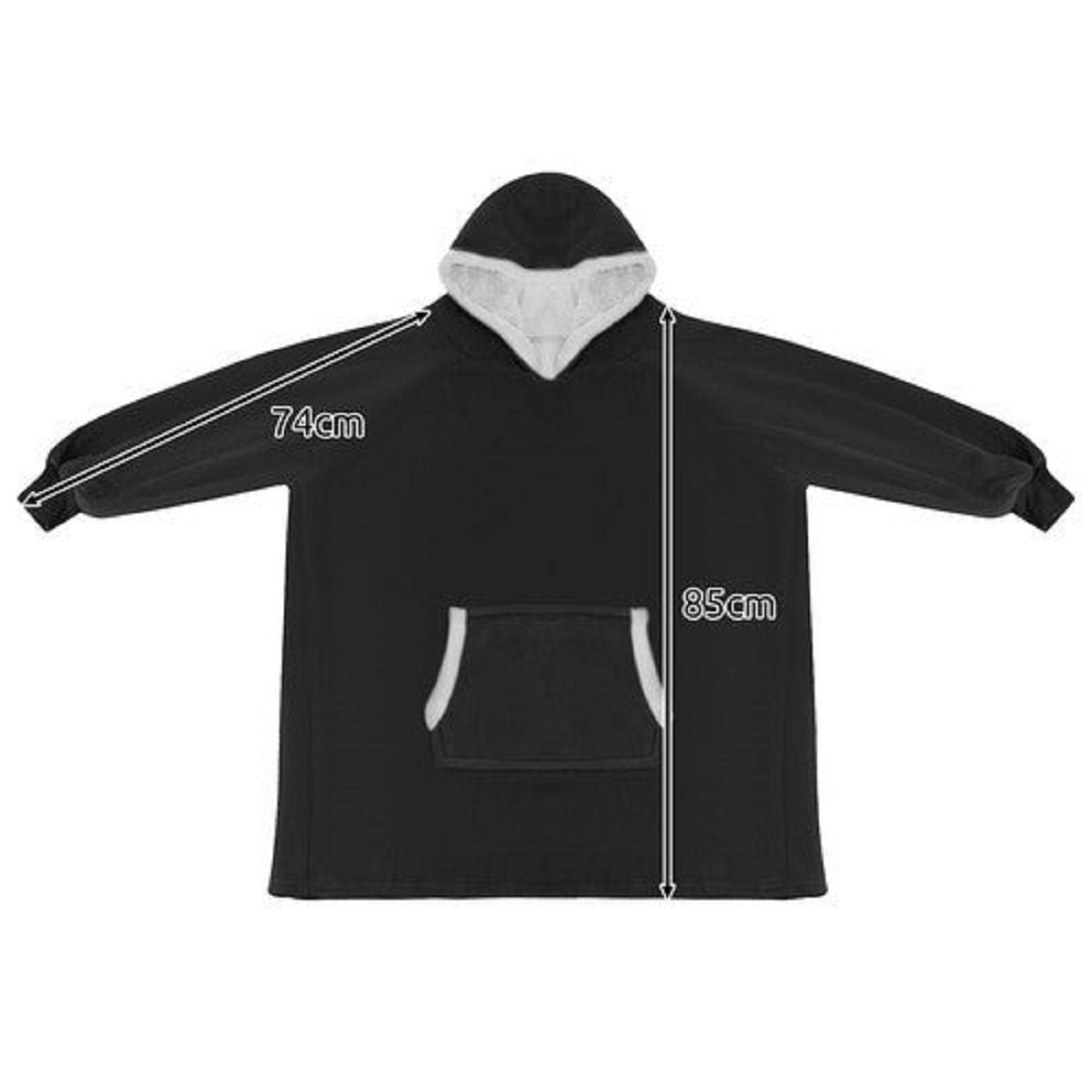 Sudadera manta negra con capucha, mangas de 74cm, largo de 85cm, bolsillo.