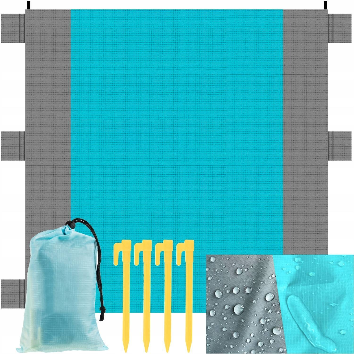 Tapete azul y gris con cuatro estacas amarillas y una bolsa azul. Primeros planos muestran gotas de agua en tela.