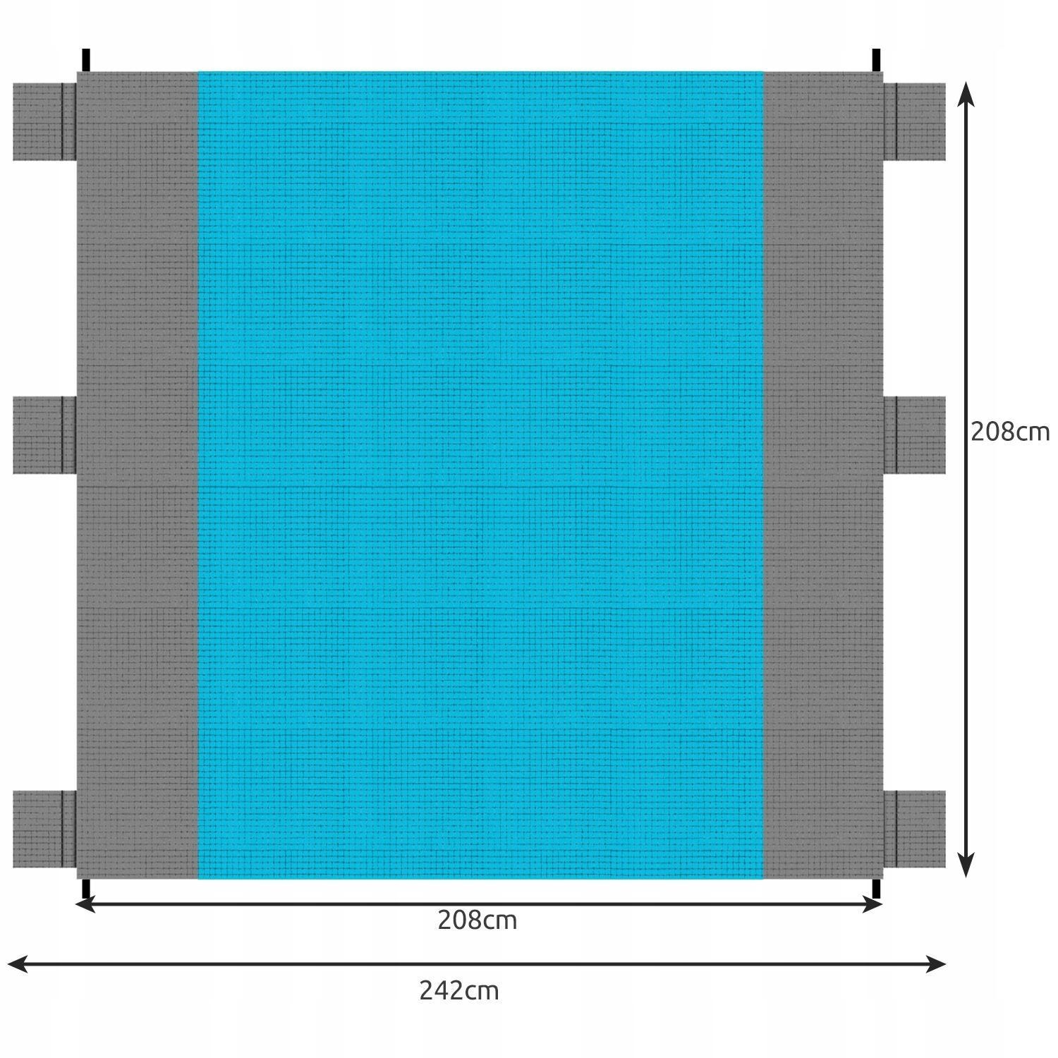 Se muestra una alfombra rectangular azul y gris con dimensiones indicadas.