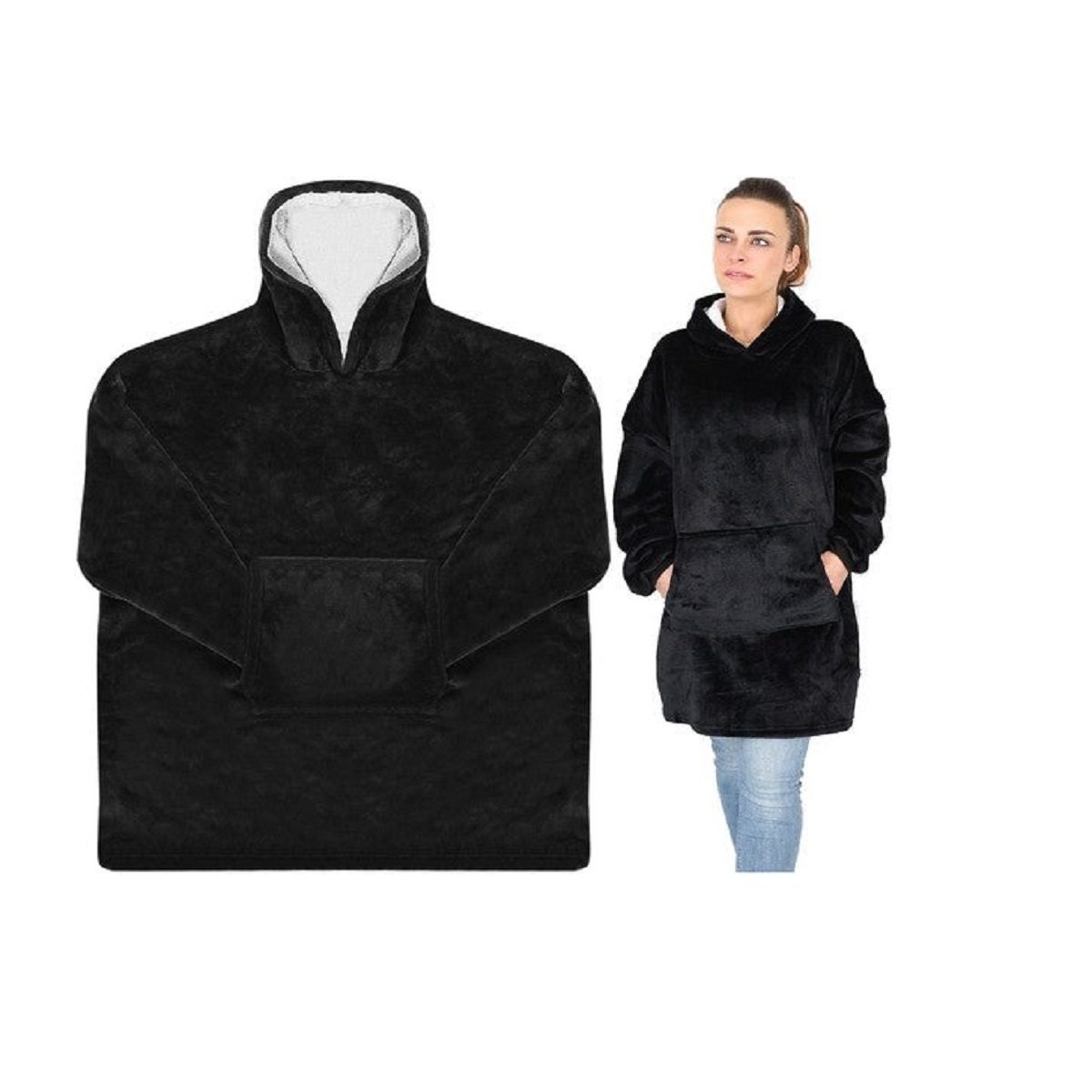 Sudadera tipo manta negra con capucha y bolsillo frontal, mostrada plana y en una mujer.