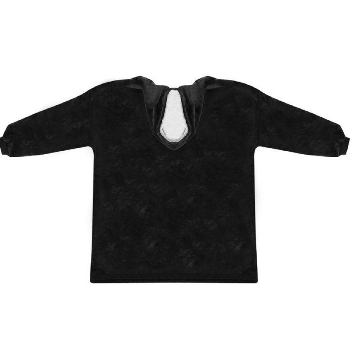 Sudadera negra con cuello blanco y mangas largas, sobre fondo blanco.