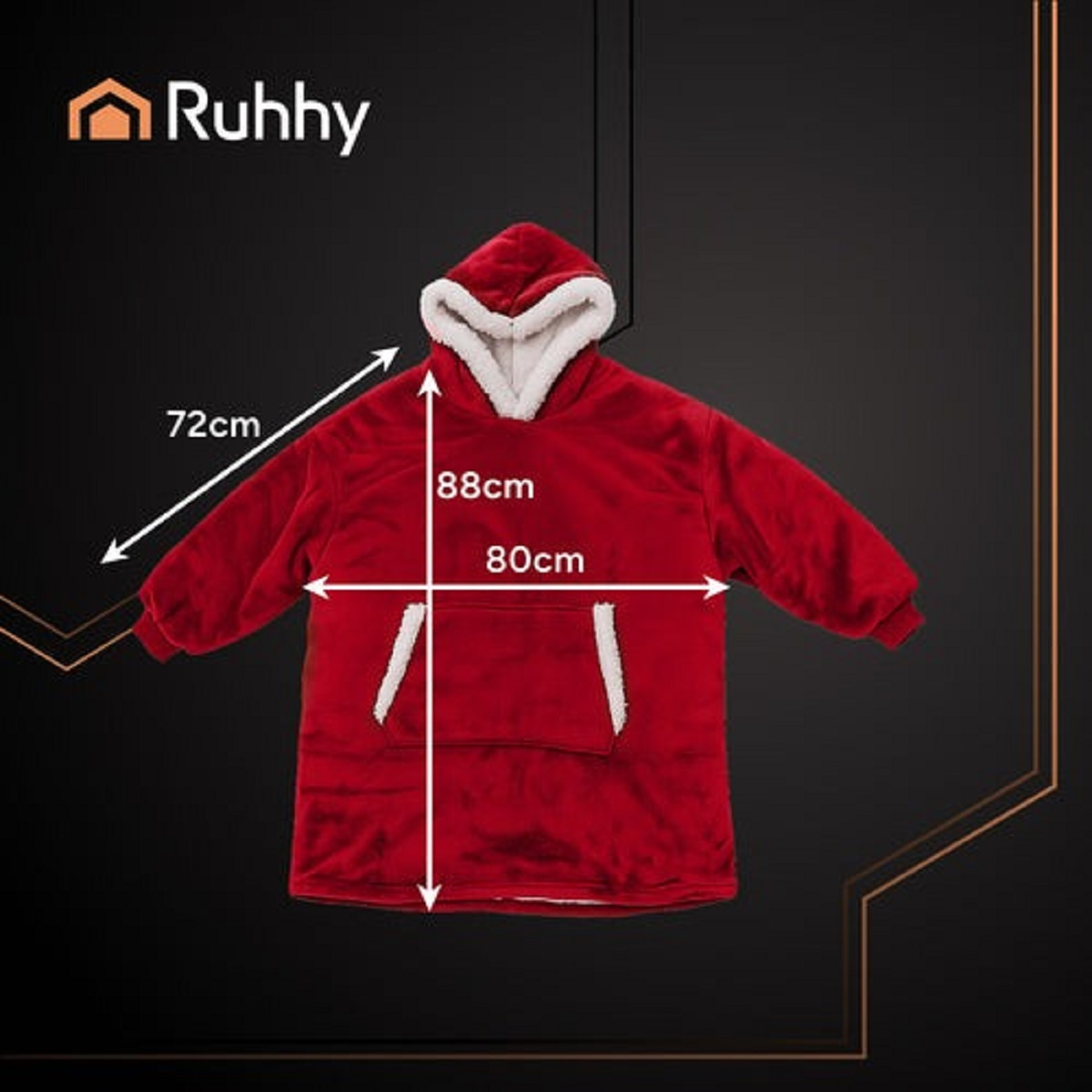 Sudadera roja con ribete blanco, mostrando medidas 72cm, 88cm, 80cm.