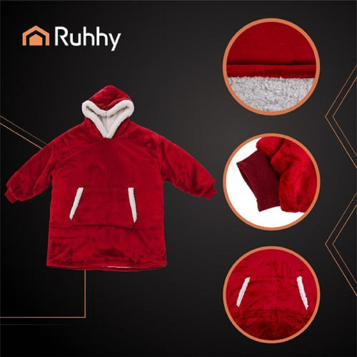 Sudadera con capucha roja con ribete blanco y un gran bolsillo delantero.