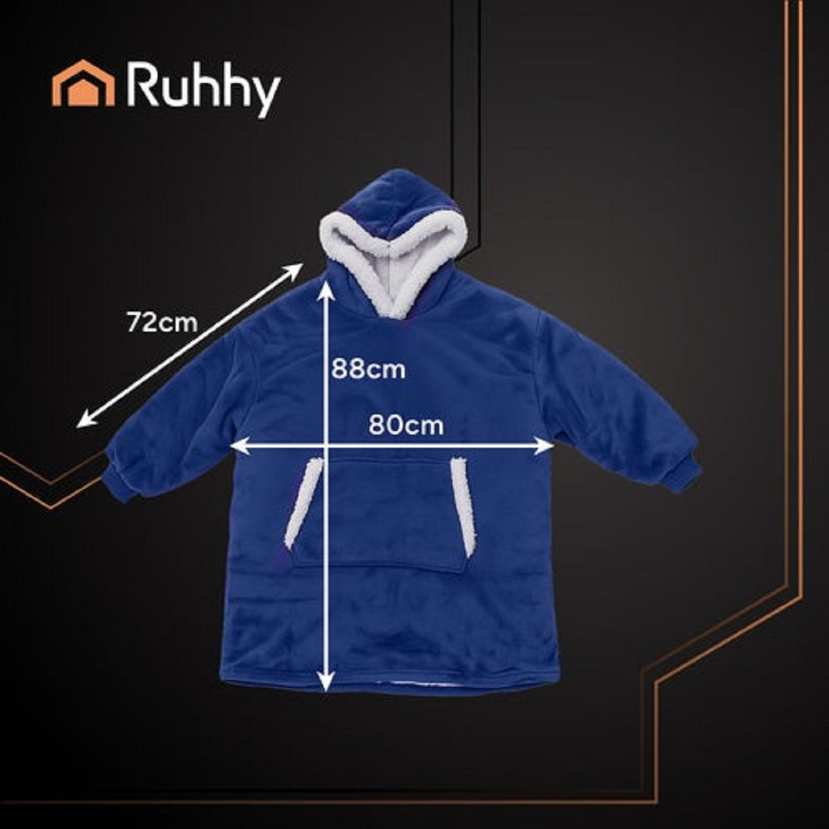 Sudadera azul con detalles blancos de sherpa, se muestran dimensiones.