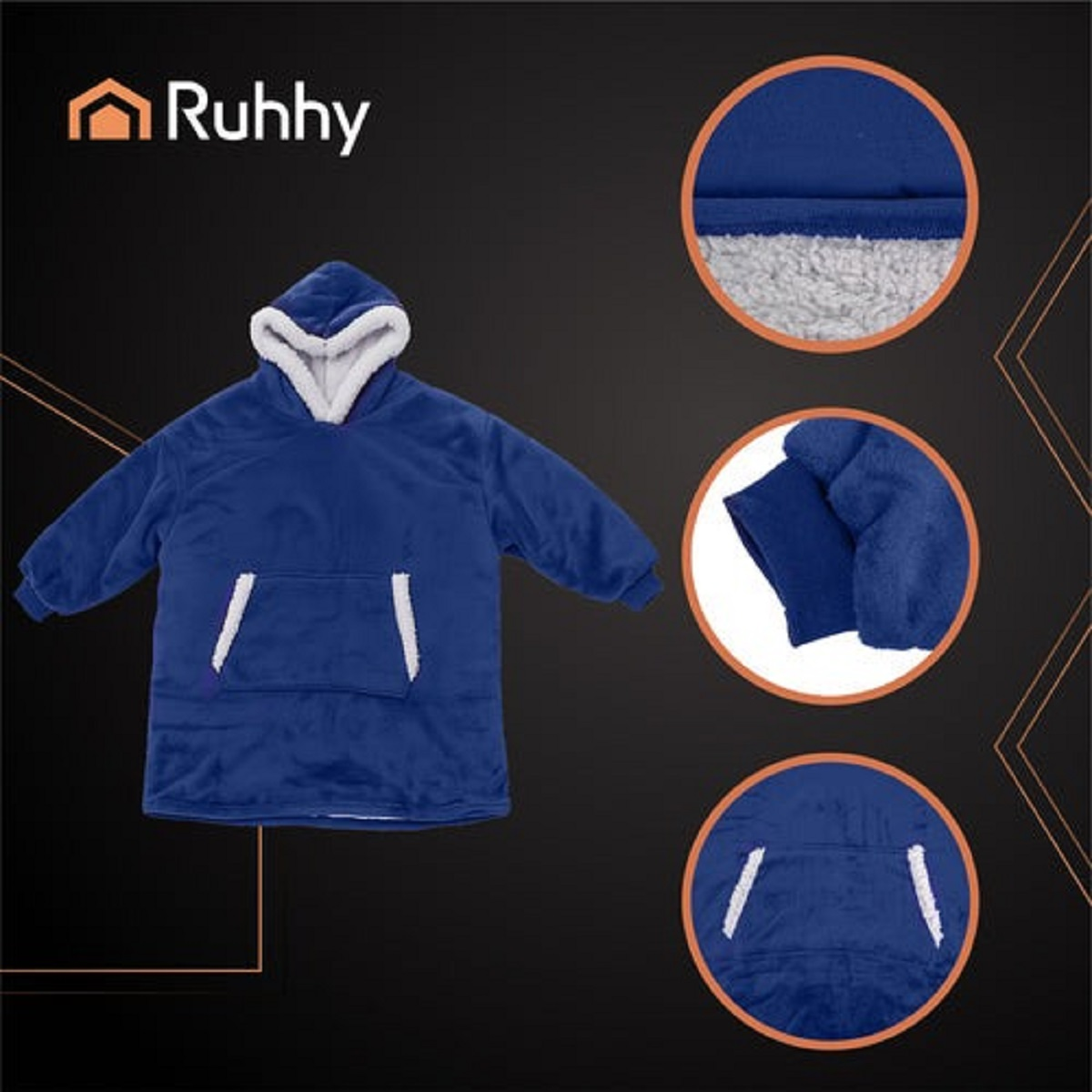 Sudadera azul con ribete blanco y bolsillo grande delantero. Tomas detalladas.