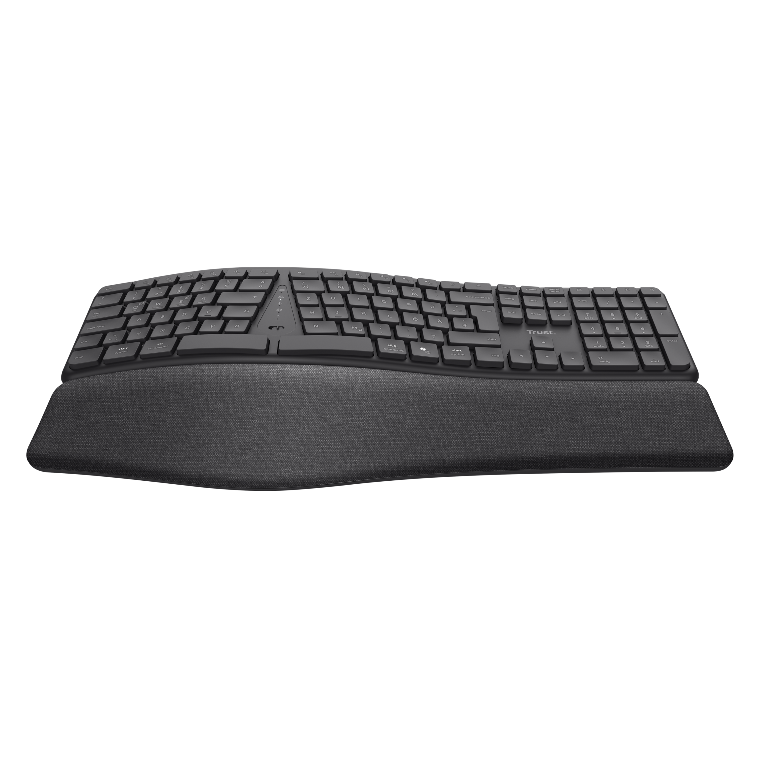 Eine graue, ergonomische Tastatur mit Handballenauflage auf schwarzem Hintergrund.