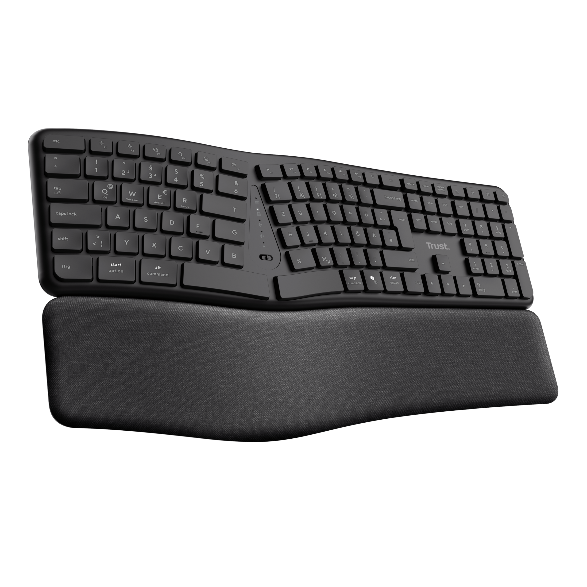 Schwarze ergonomische Tastatur mit integrierter Handballenauflage auf schwarzem Hintergrund.