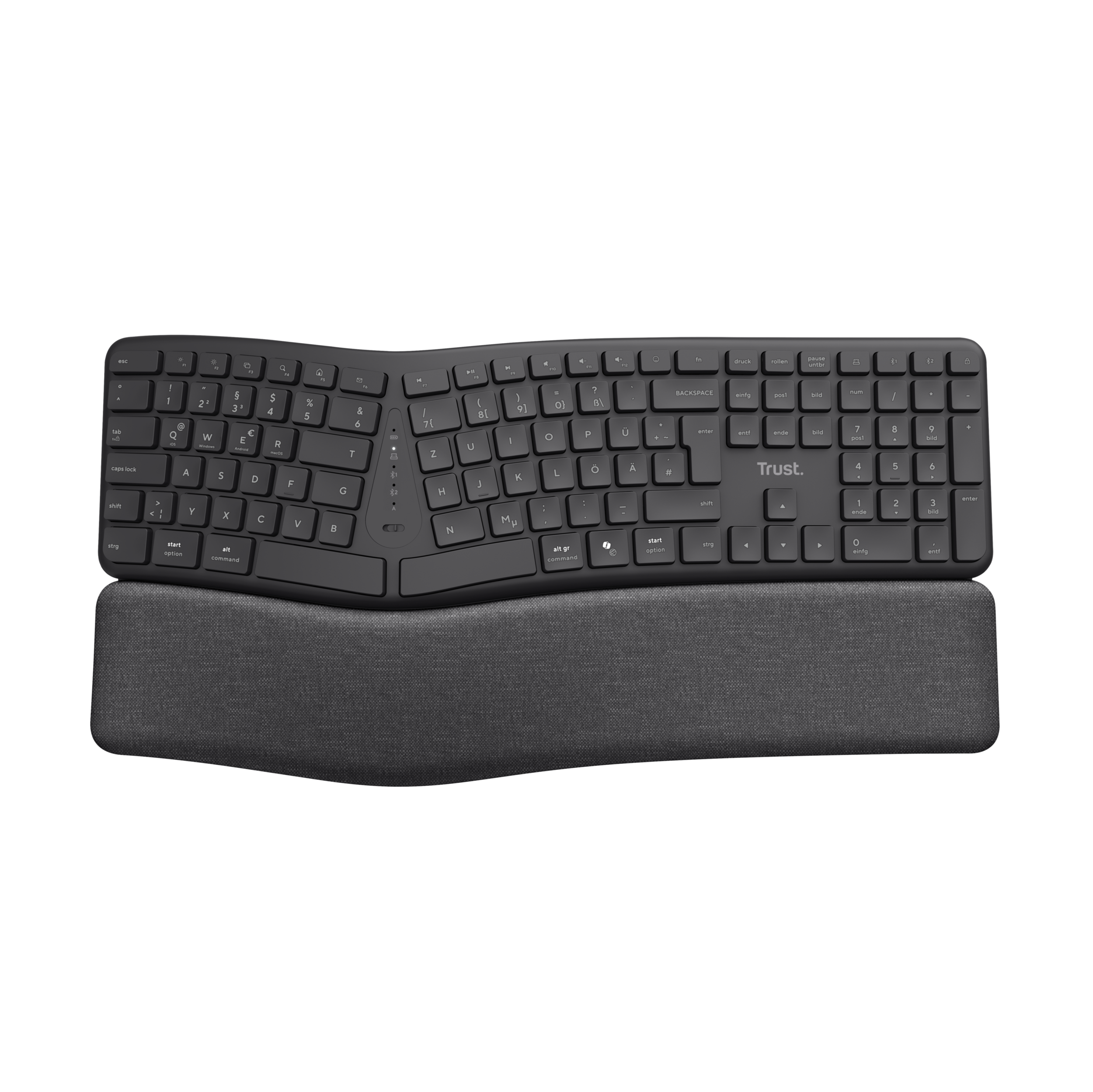Ergonomische Tastatur mit Handgelenkauflage auf schwarzem Hintergrund.