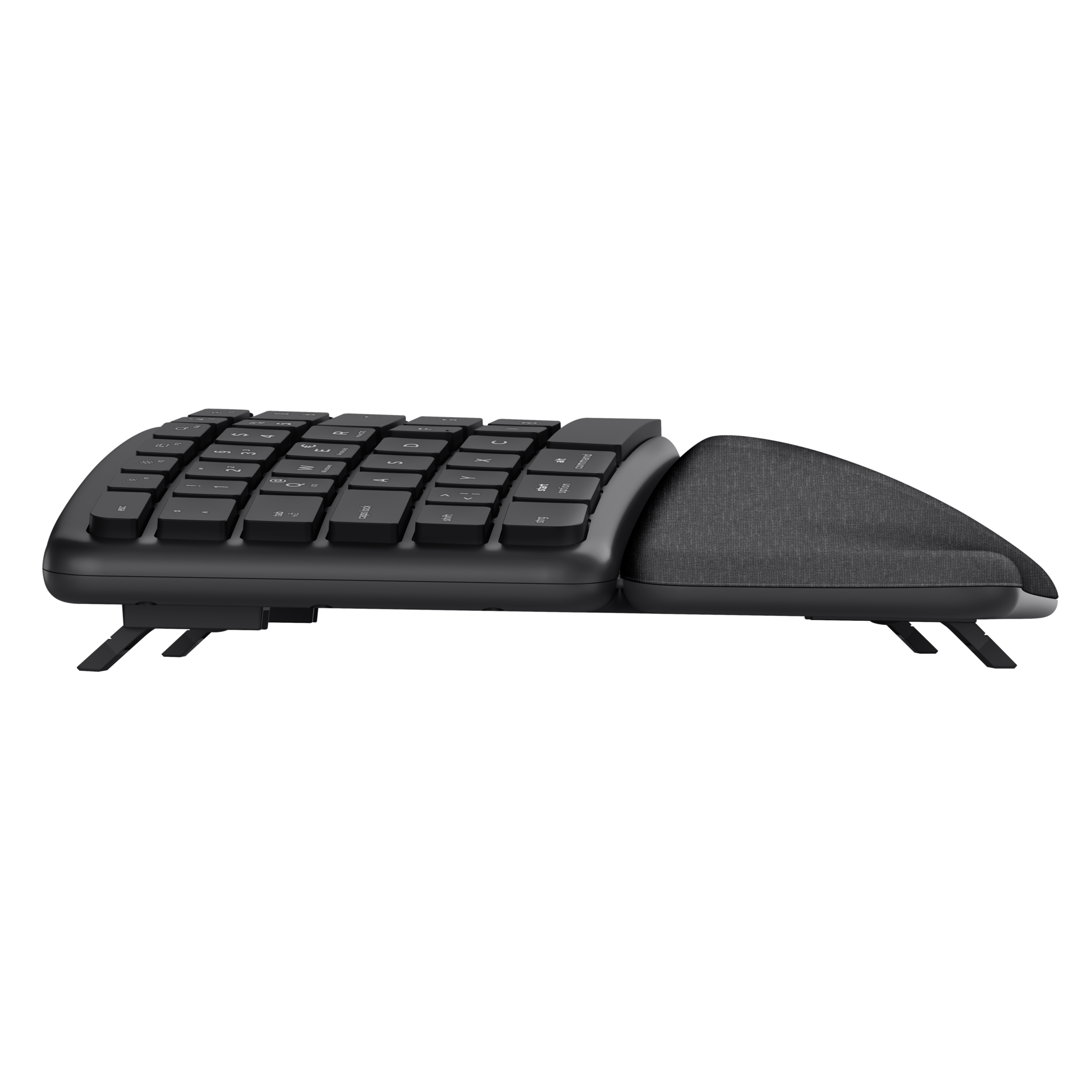 Ergonomische schwarze Tastatur mit Handballenauflage und ausklappbaren Füßen.