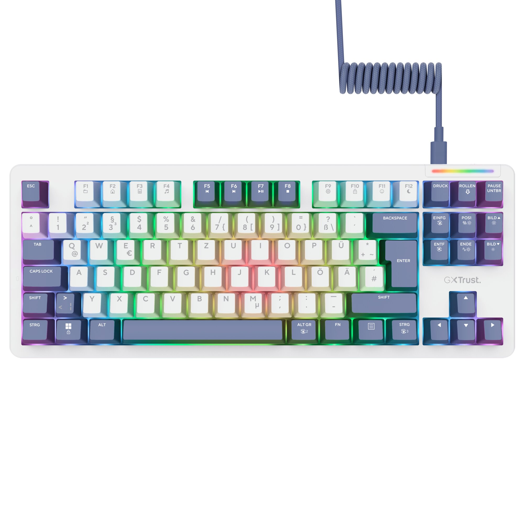 Eine weiße Tastatur mit RGB-Beleuchtung und einem spiralförmigen Kabel.