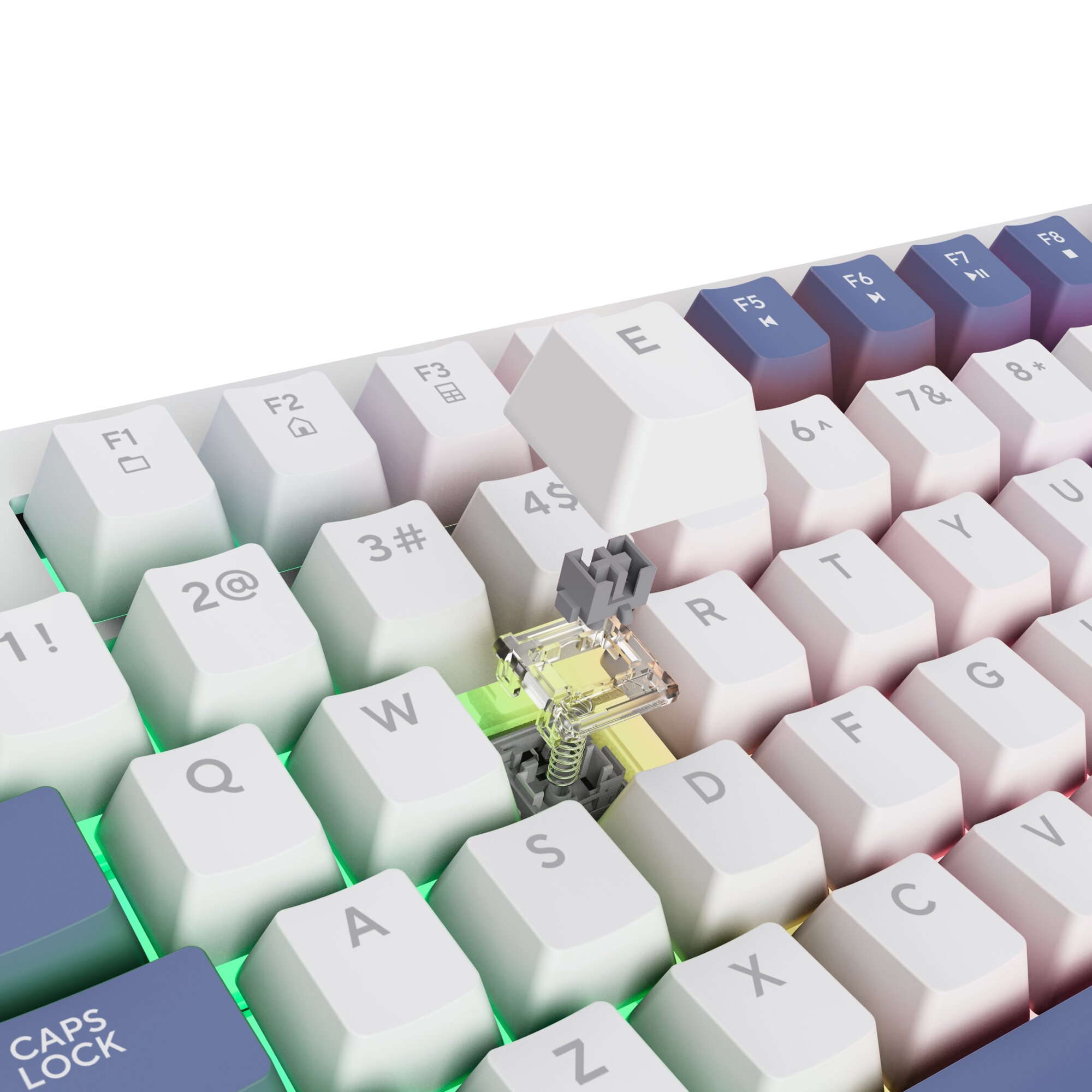 Mechanische Tastatur mit freiliegendem Schalter, weiße Tasten, RGB-Beleuchtung.