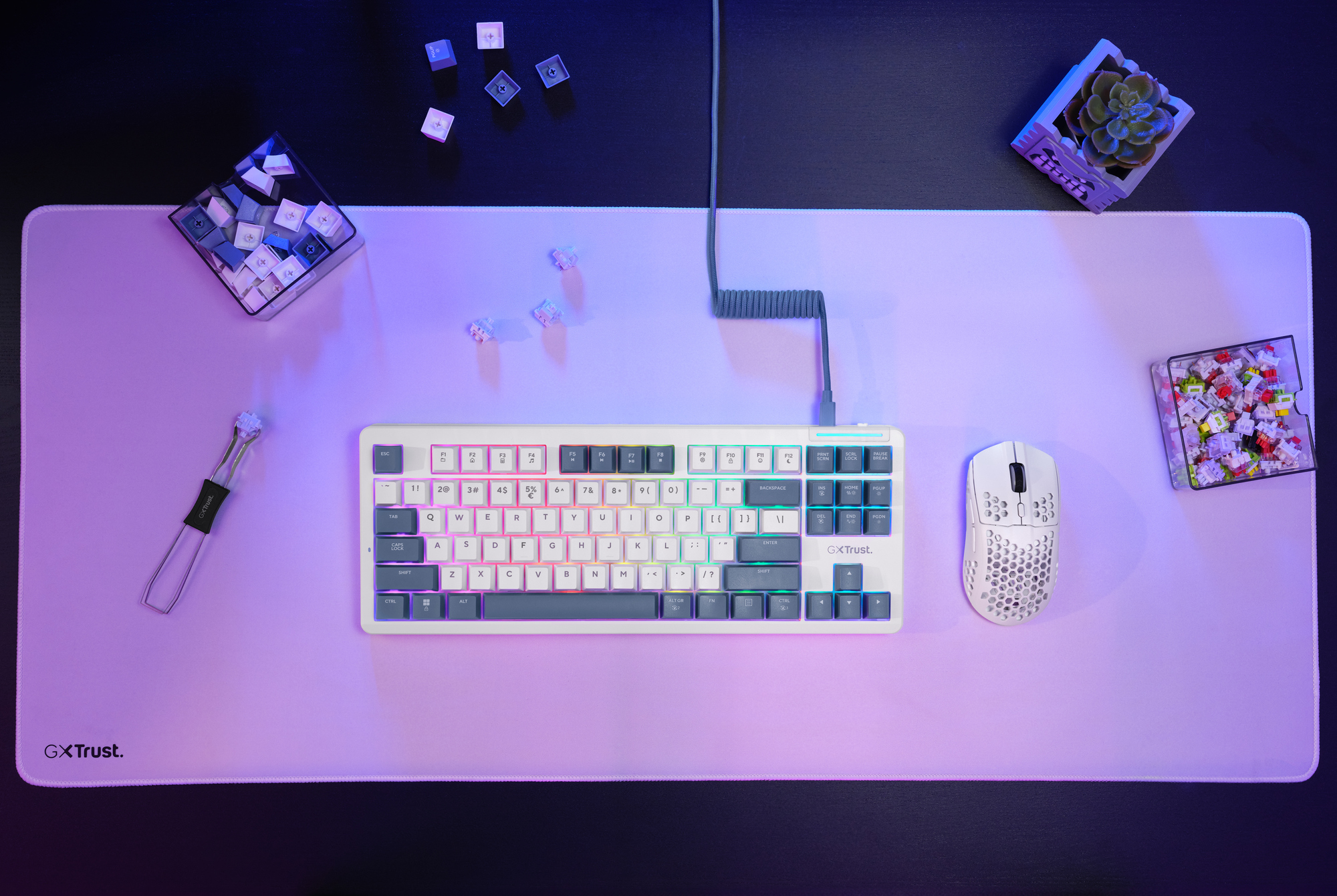 Weiße Tastatur mit RGB-Beleuchtung, weiße Maus und Zubehör auf einer lila Matte.