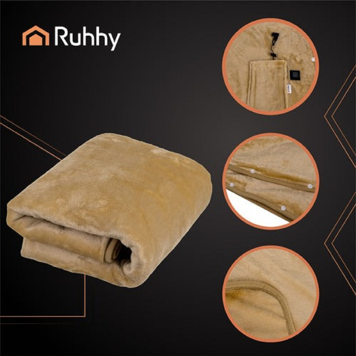 Un prototipo de manta térmica Ruhy beige con primeros planos de tela, botones y cable.