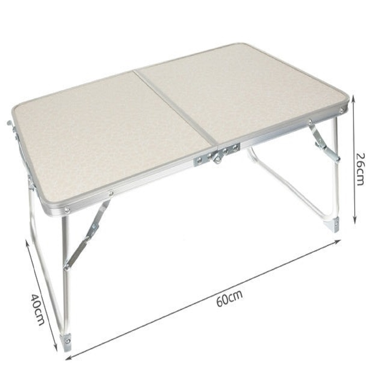 Una mesa plegable con marco de aluminio y tablero color crema.
