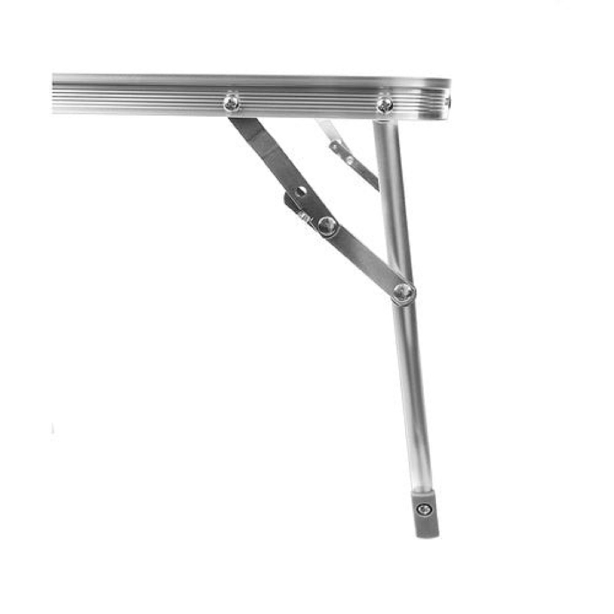 Primer plano de la pata de una mesa plegable plateada con mecanismo de soporte.
