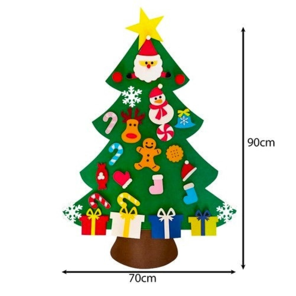 Árbol de Navidad de fieltro verde adornado con decoraciones como Santa, muñeco de nieve y renos.