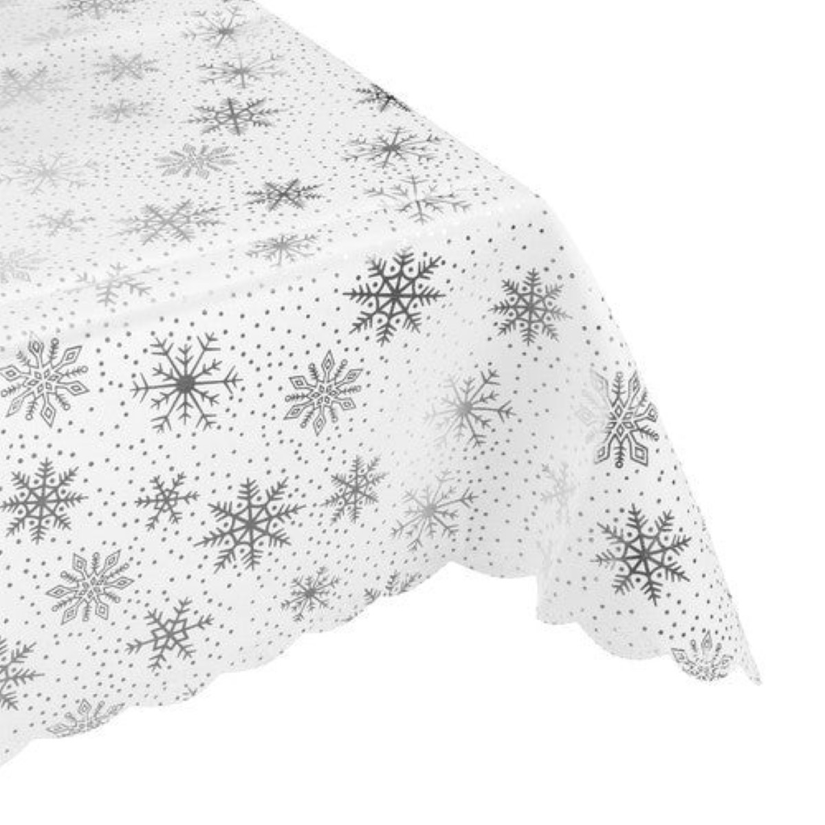 Weiße Tischdecke mit silbernen Schneeflocken und Punkten.