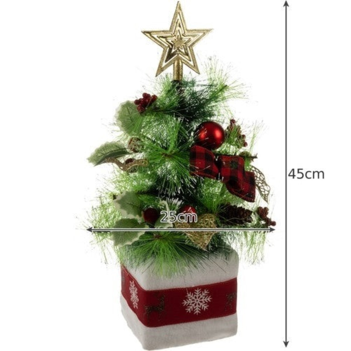 Un pequeño árbol de Navidad con cinta roja y estrella en la cima, 45cm.