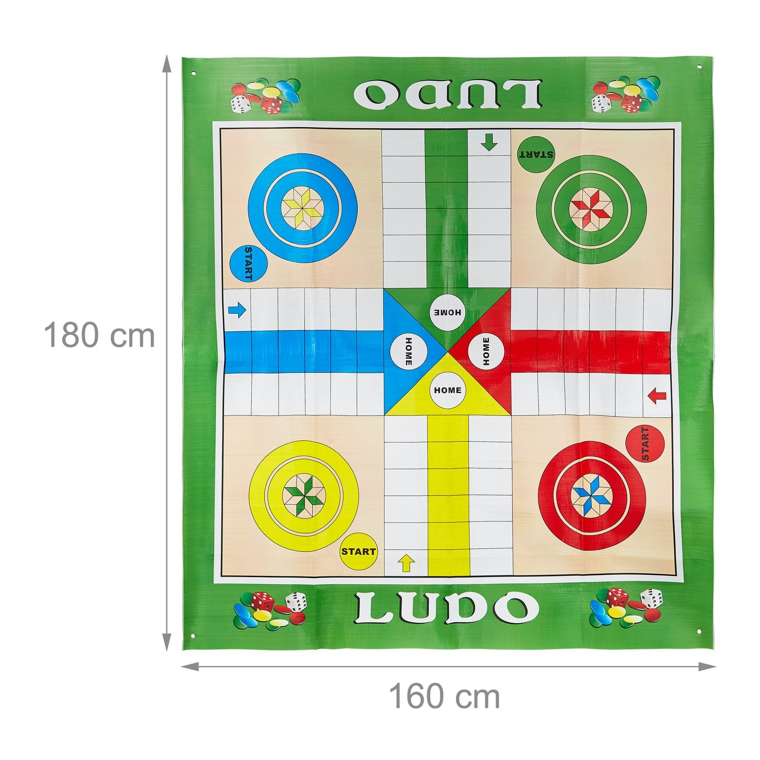 Juego de mesa Ludo con cuatro áreas de inicio en azul, rojo, amarillo y verde.