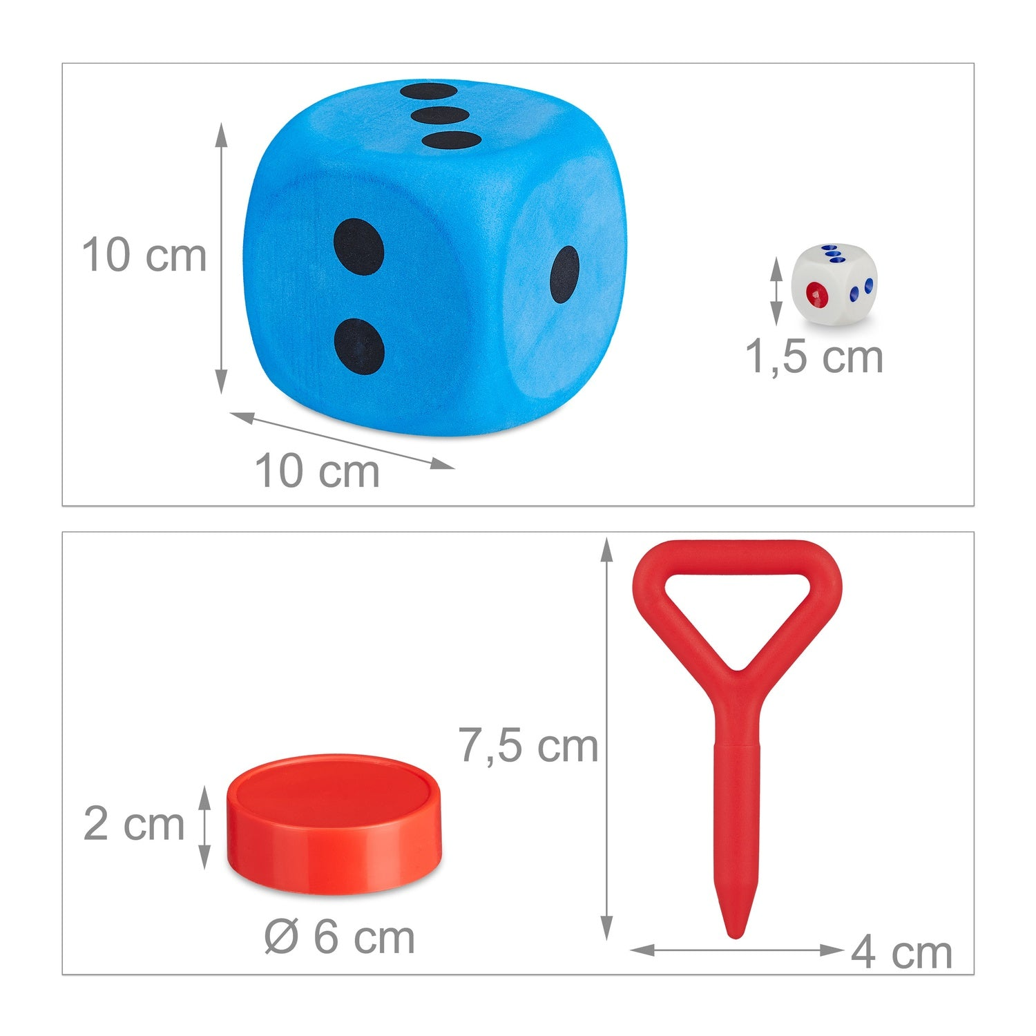 Dado azul grande (10cm), dado blanco pequeño (1,5cm), cilindro rojo (Ø6cm, 2cm h) y mango rojo (7,5cm h).