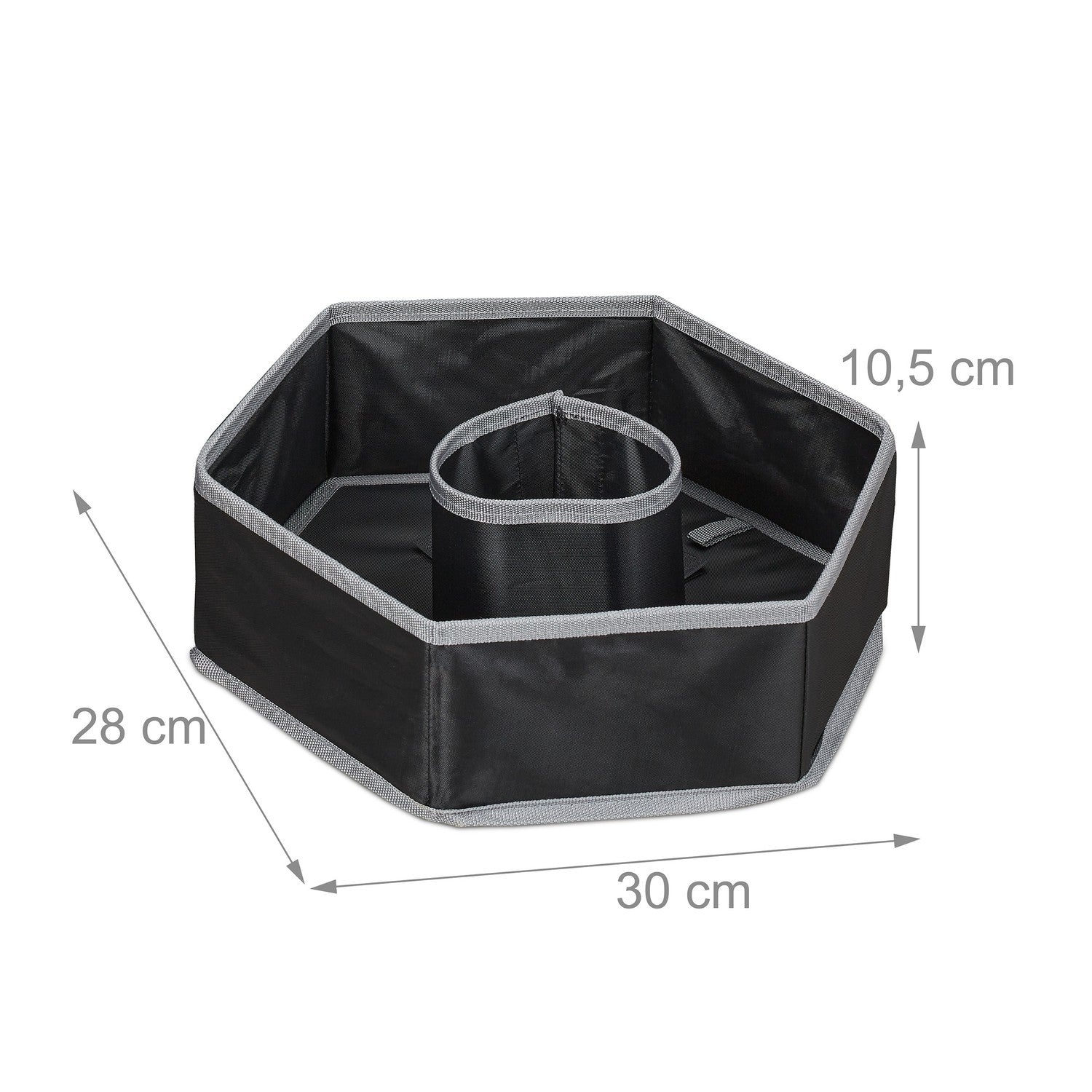 Organizador plegable negro con 6 compartimentos, 30x28x10.5 cm.