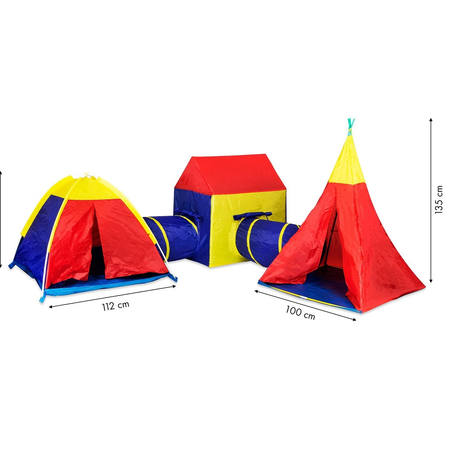 Conjunto de carpas de juego coloridas con túneles en rojo, azul y amarillo.