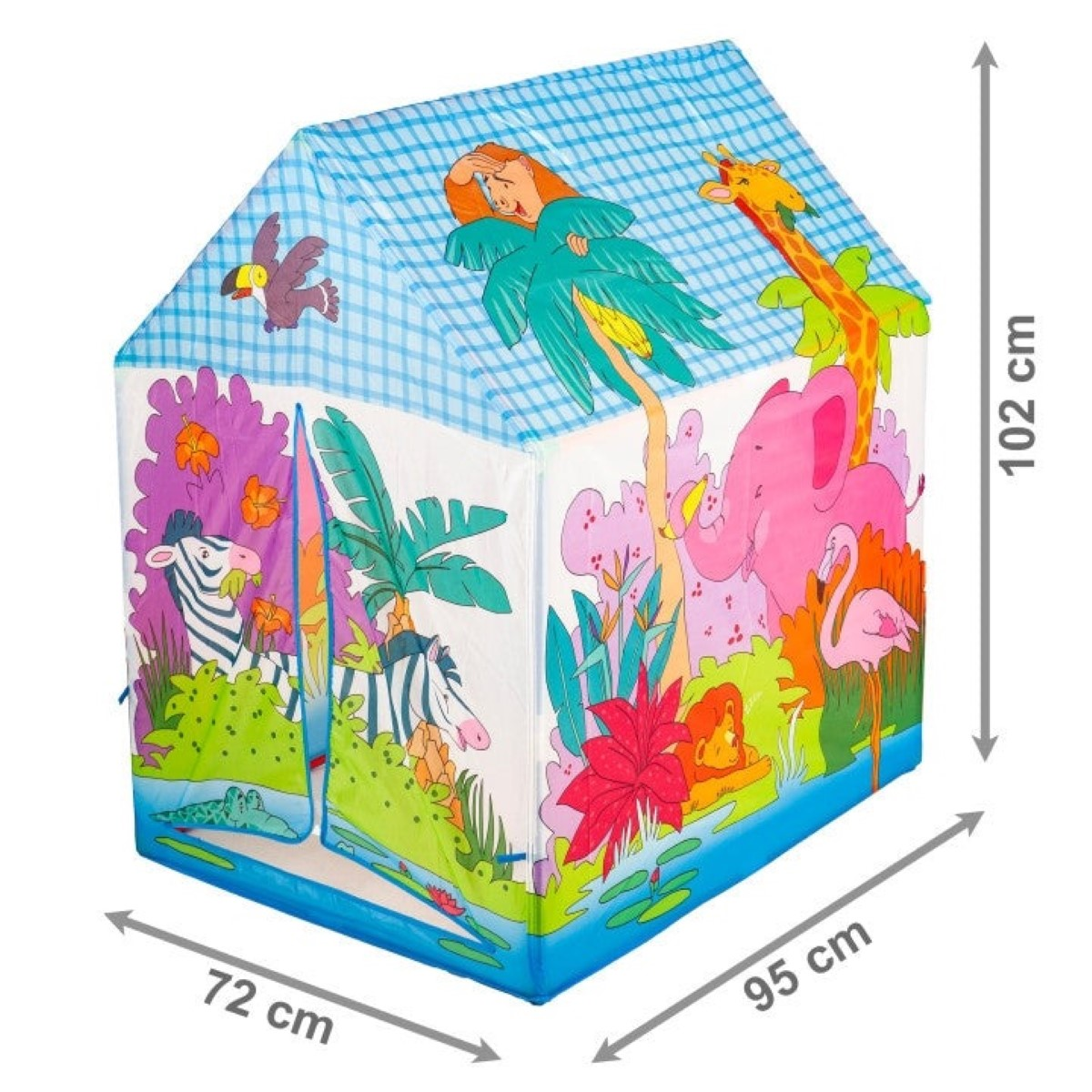 Una carpa de juego colorida con animales de la jungla y una mujer en el techo.