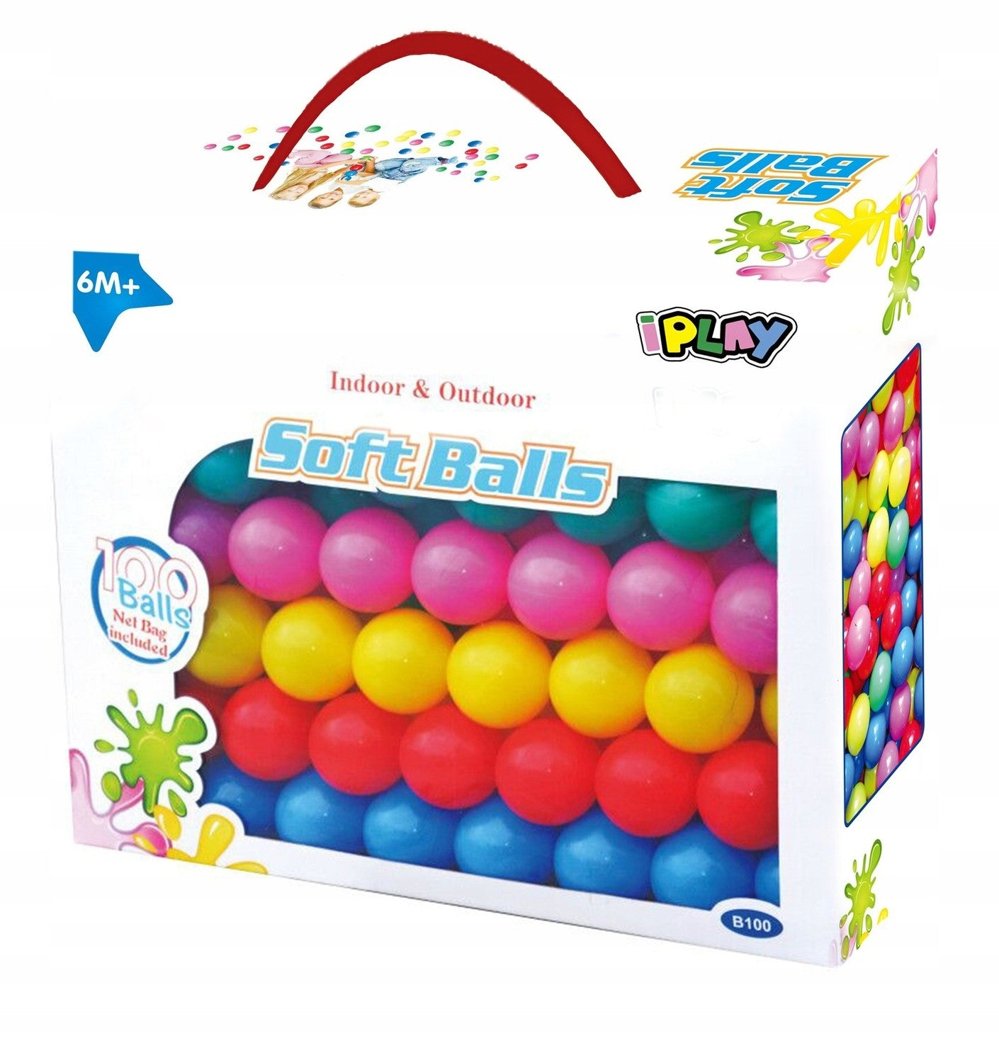 Scatola di 100 palline morbide colorate blu, rosse, gialle, rosa e verdi.