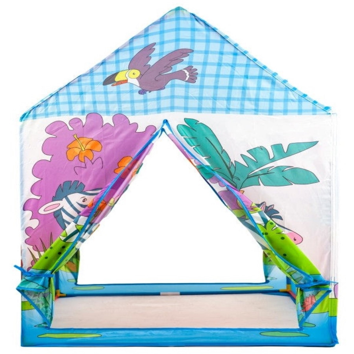 Una carpa de juegos colorida con animales de la jungla y un pájaro en un techo a cuadros azules.