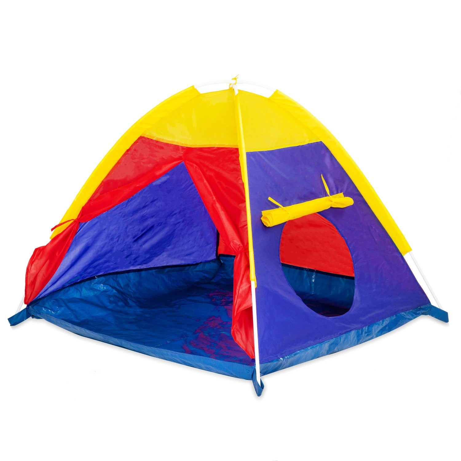 Una carpa de juego colorida con ventanas en amarillo, rojo y azul.