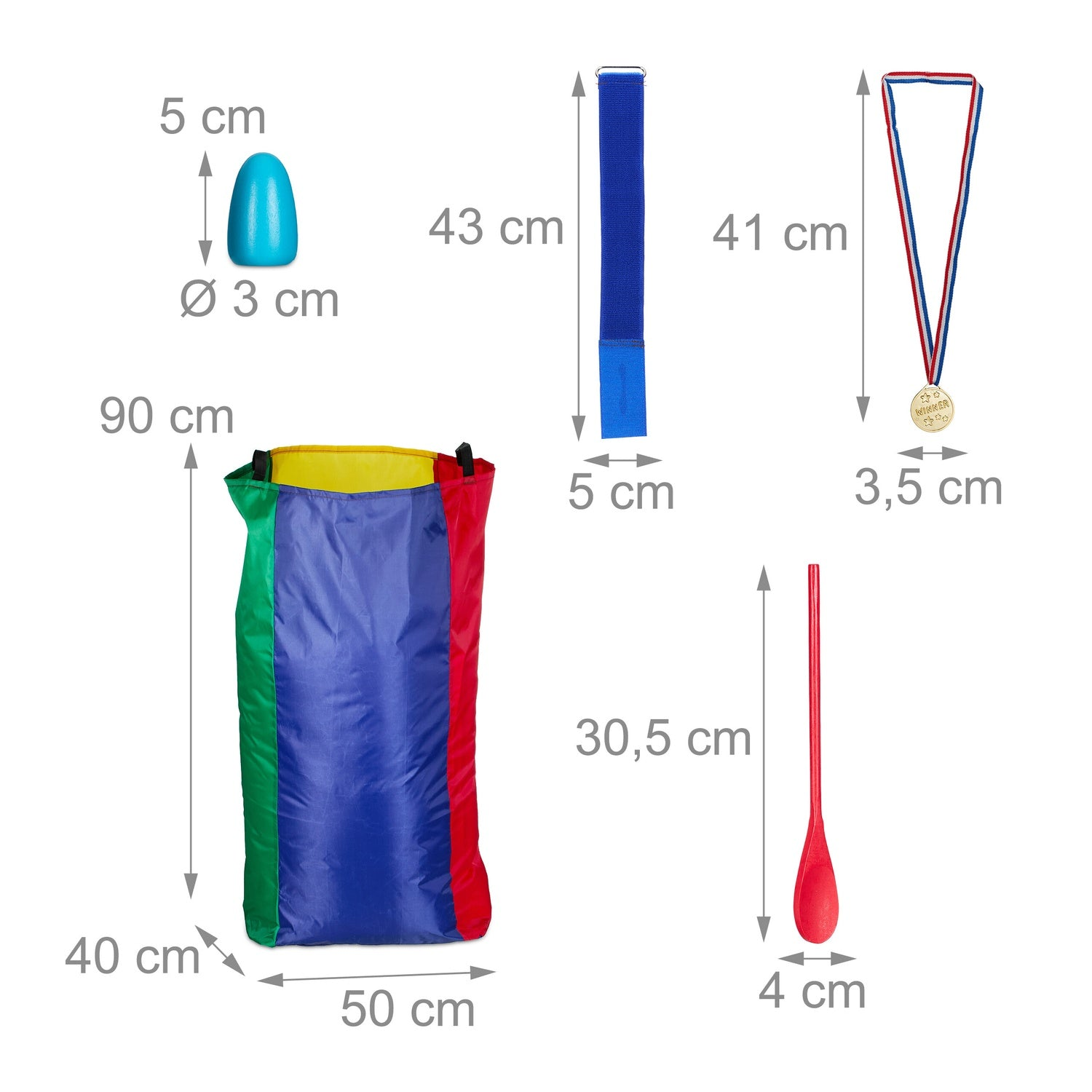 Un saco de colores, una correa azul, una medalla, una cuchara y un cono azul.